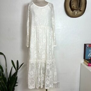 TICOSA White Lace Tiered Maxi Dress Sz S Long Sleeve Boho Bridal Shower Feminine